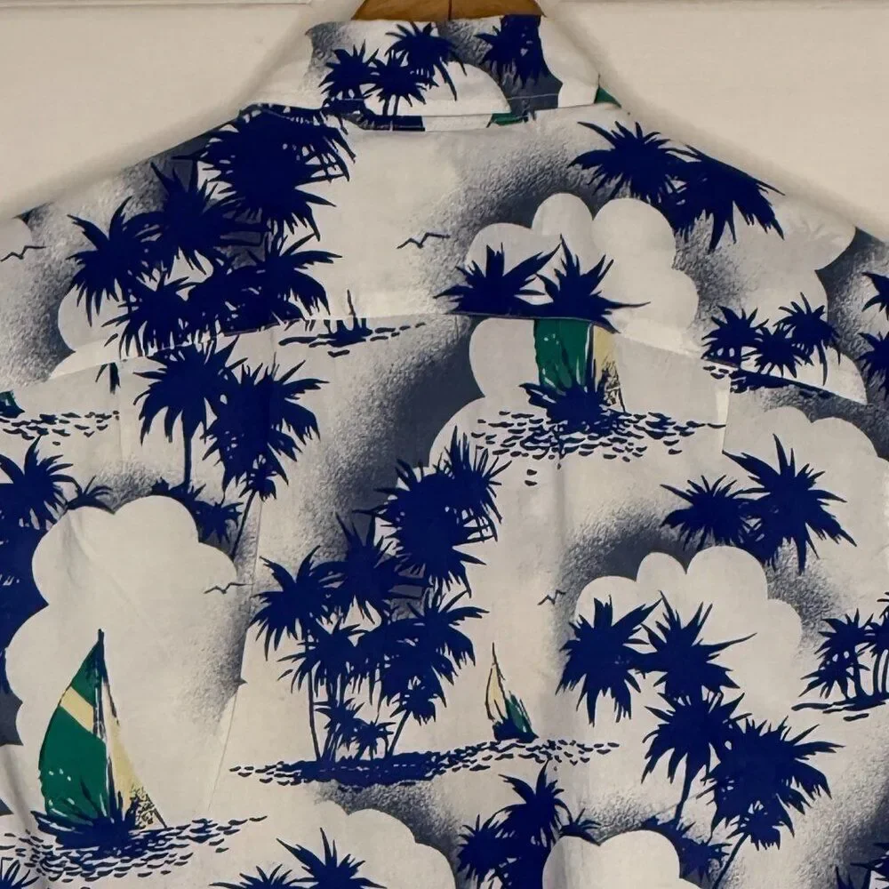Vintage‎ J. Crew White Blue Hawaiian Print Shirt Size Medium Slim